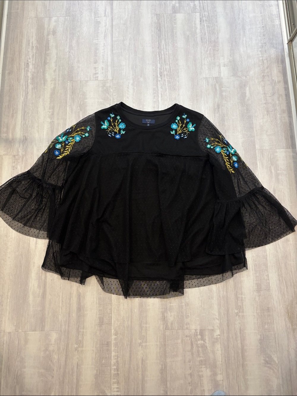 Kaari Blue Black Sheer Bell-Sleeve Top with Blue & Gold Floral Embroidery